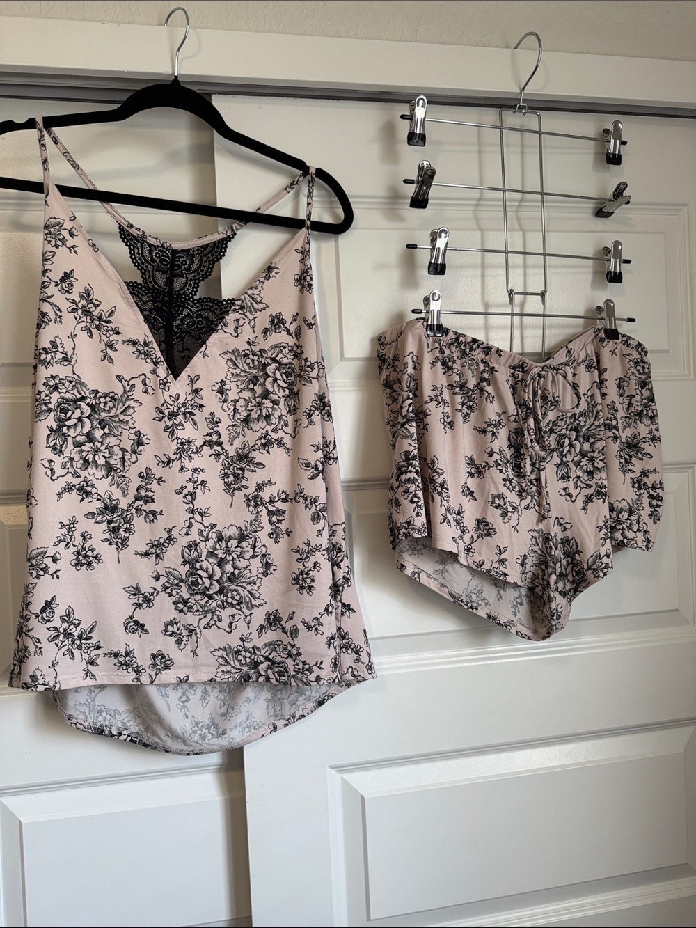 Linea Donatella Pink and Black Floral Lace-Back Cami & Short Set